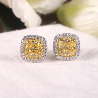 925 Sterling Silver Halo Stud Earrings with Yellow CZ - Choosen Jewelry Fine Unisex Engagement Earrings