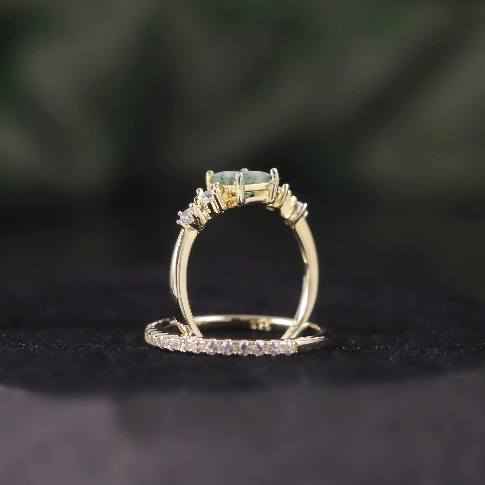 Square Shaped Moss Agate Pave Engagement Ring Set in Gold - 925 Sterling Silver, with Round Cut CZ Side Stones, Moss Agate Promise Ring Set for Women