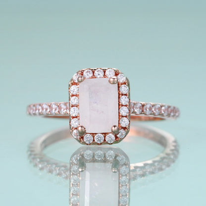 Elegant Emerald Cut Moonstone Engagement Ring - Choosen Jewelry 925 Sterling Silver