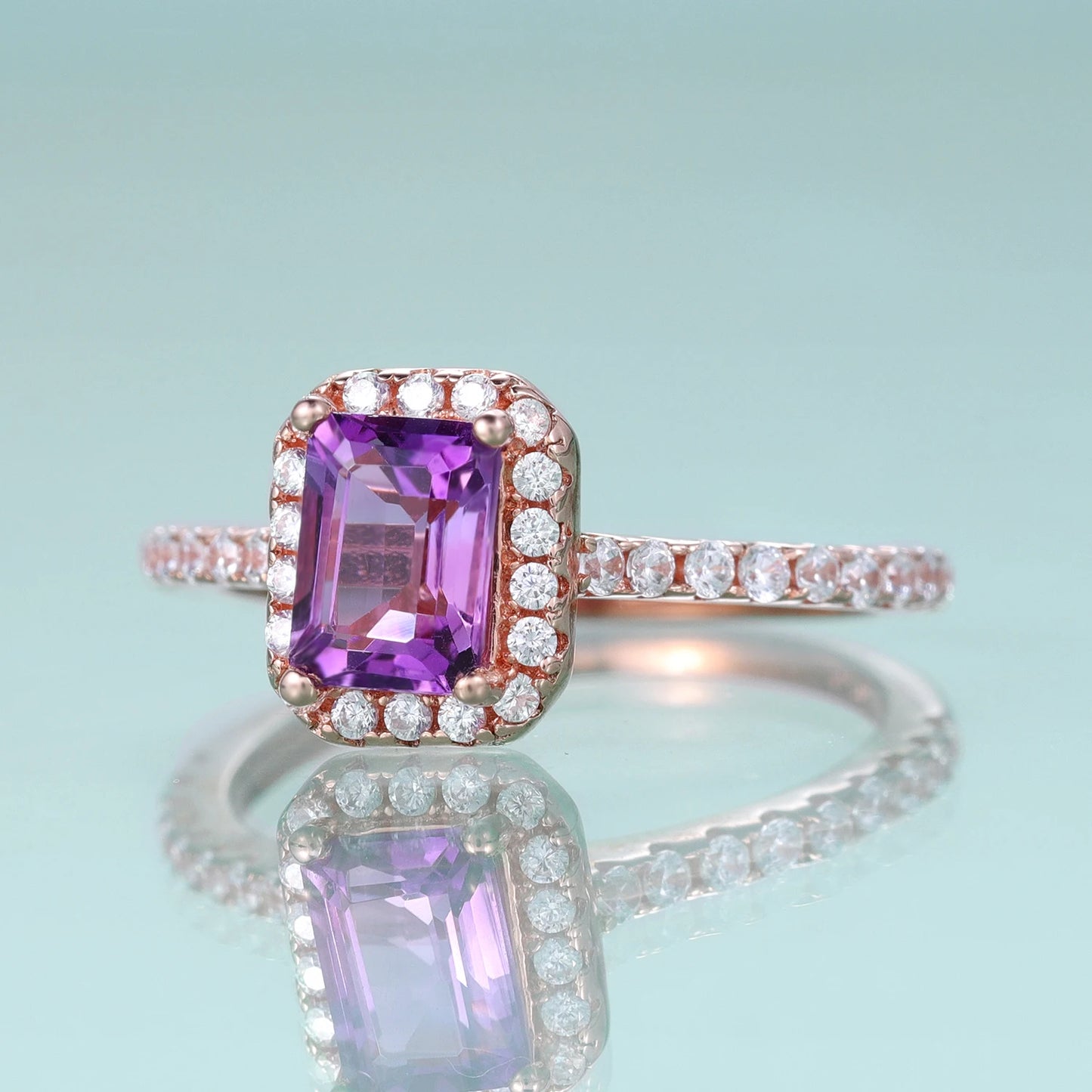 Choosen Jewelry: Emerald Cut Amethyst Halo Engagement Ring - 925 Sterling Silver Art Deco Bridal Jewelry