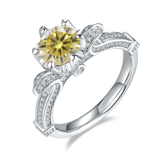 1.0 Ct Round Cut Yellow Moissanite Crown Engagement Rings, 925 Sterling Silver