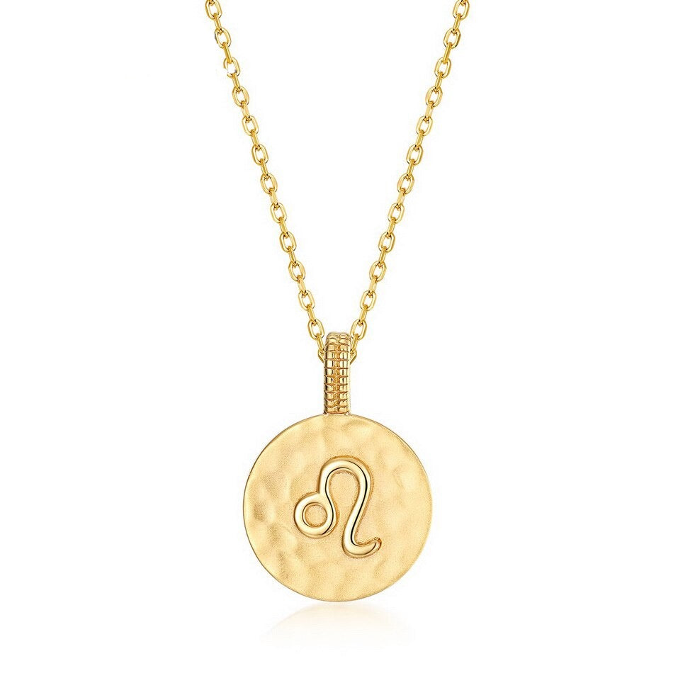 Zodiac Sign Coin Necklace, 12 Constellation Pendant, 10K Gold Plated