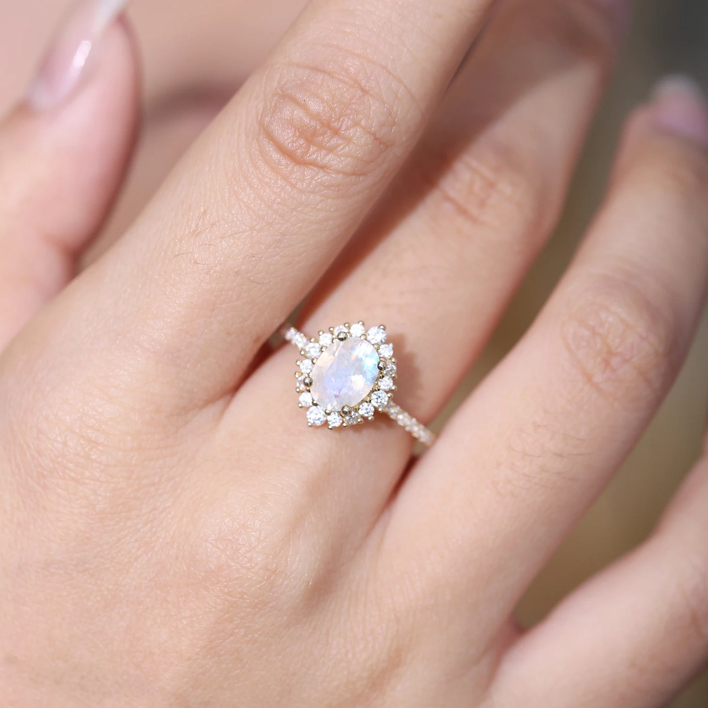 Choosen Jewelry: Milky Blue Moonstone Cluster Halo Engagement Ring in 925 Sterling Silver