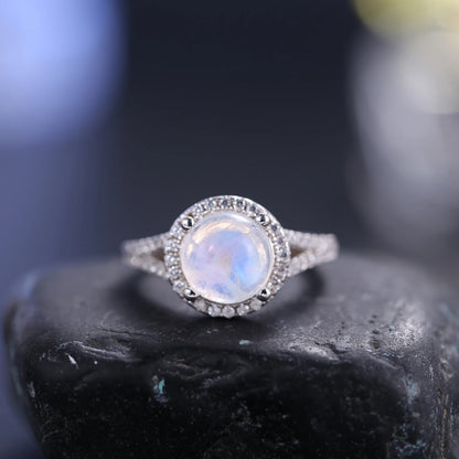 Natural Rainbow Moonstone Halo Engagement Ring - 925 Sterling Silver | Choosen Jewelry