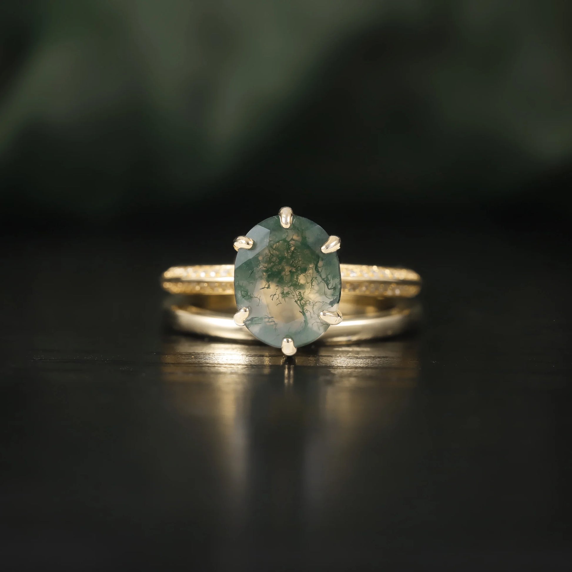 Oval Moss Agate Micro Pave Engagement Ring Set in Gold - 925 Sterling Silver, with Round Cut CZ Side Stones, Moss Agate Promise Ring for Women