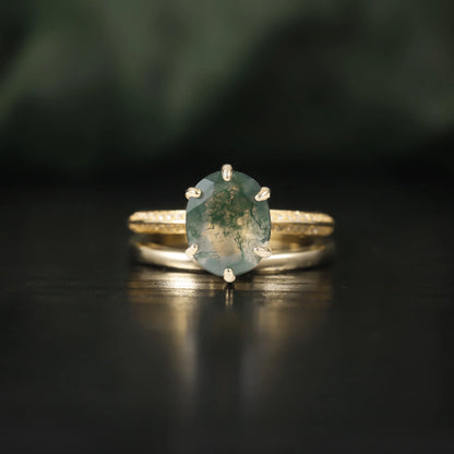 Oval Moss Agate Micro Pave Engagement Ring Set in Gold - 925 Sterling Silver, with Round Cut CZ Side Stones, Moss Agate Promise Ring for Women