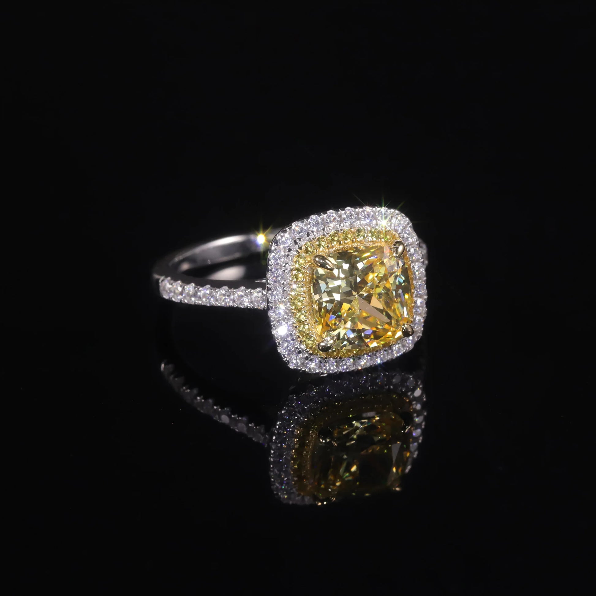 Choosen Jewelry: 8mm Cushion Yellow CZ Halo Engagement Ring in 925 Sterling Silver