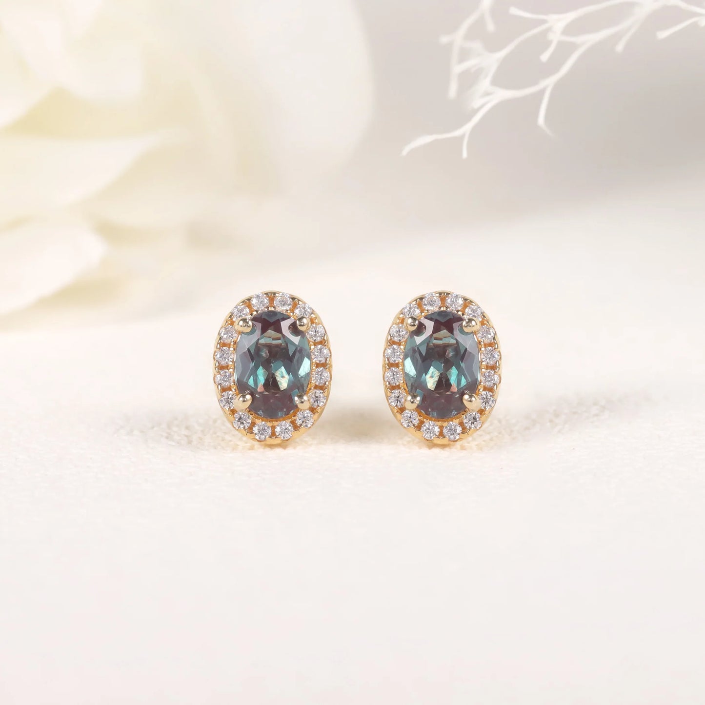 Choosen Jewelry Alexandrite Halo Stud Earrings - 925 Sterling Silver, Yellow Gold Plated