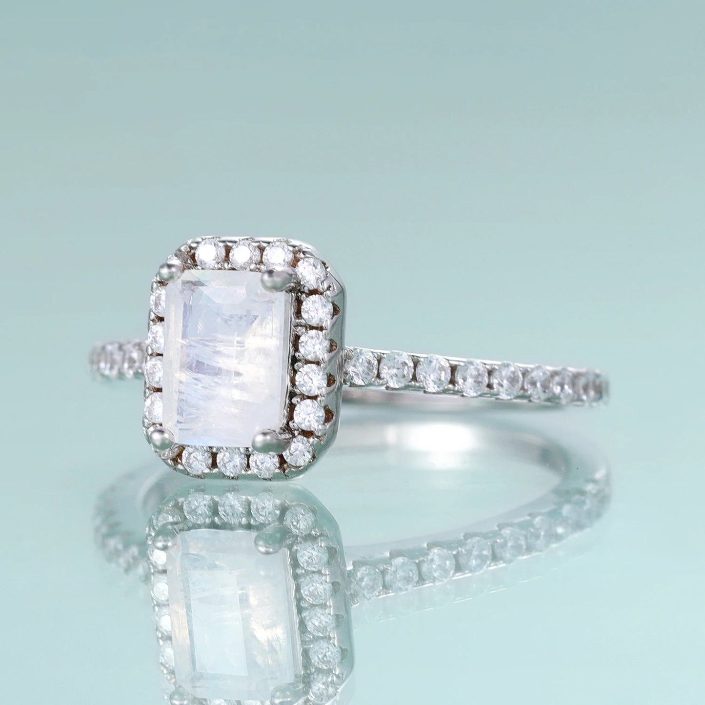 Elegant Emerald Cut Moonstone Engagement Ring - Choosen Jewelry 925 Sterling Silver