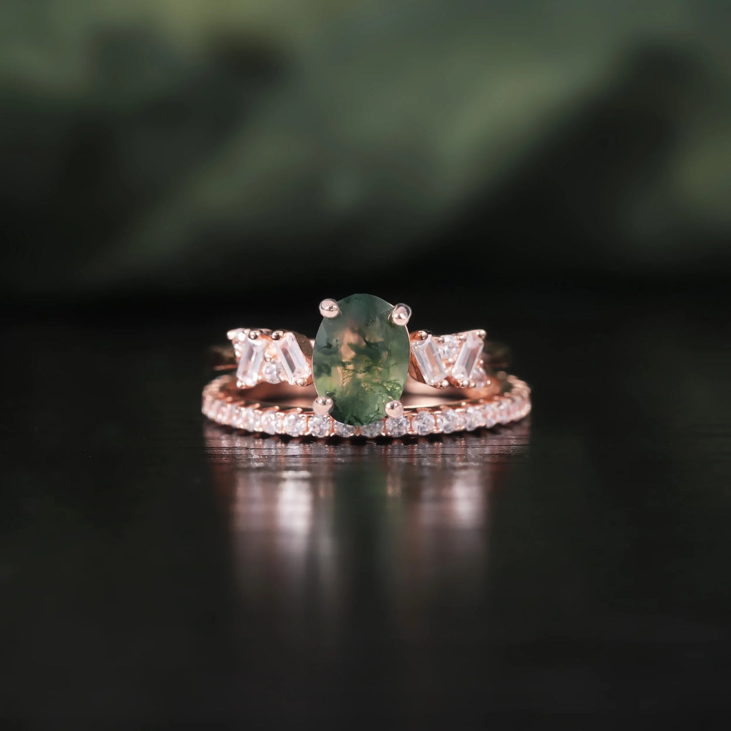 Oval Moss Agate Engagement Ring Set in Rose Gold - 925 Sterling Silver, with Emerald Cut CZ Side Stones, Moss Agate Promise Ring Set for Women