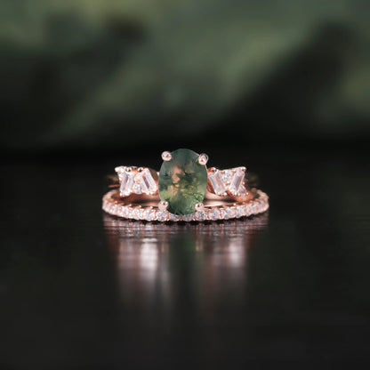 Oval Moss Agate Engagement Ring Set in Rose Gold - 925 Sterling Silver, with Emerald Cut CZ Side Stones, Moss Agate Promise Ring Set for Women