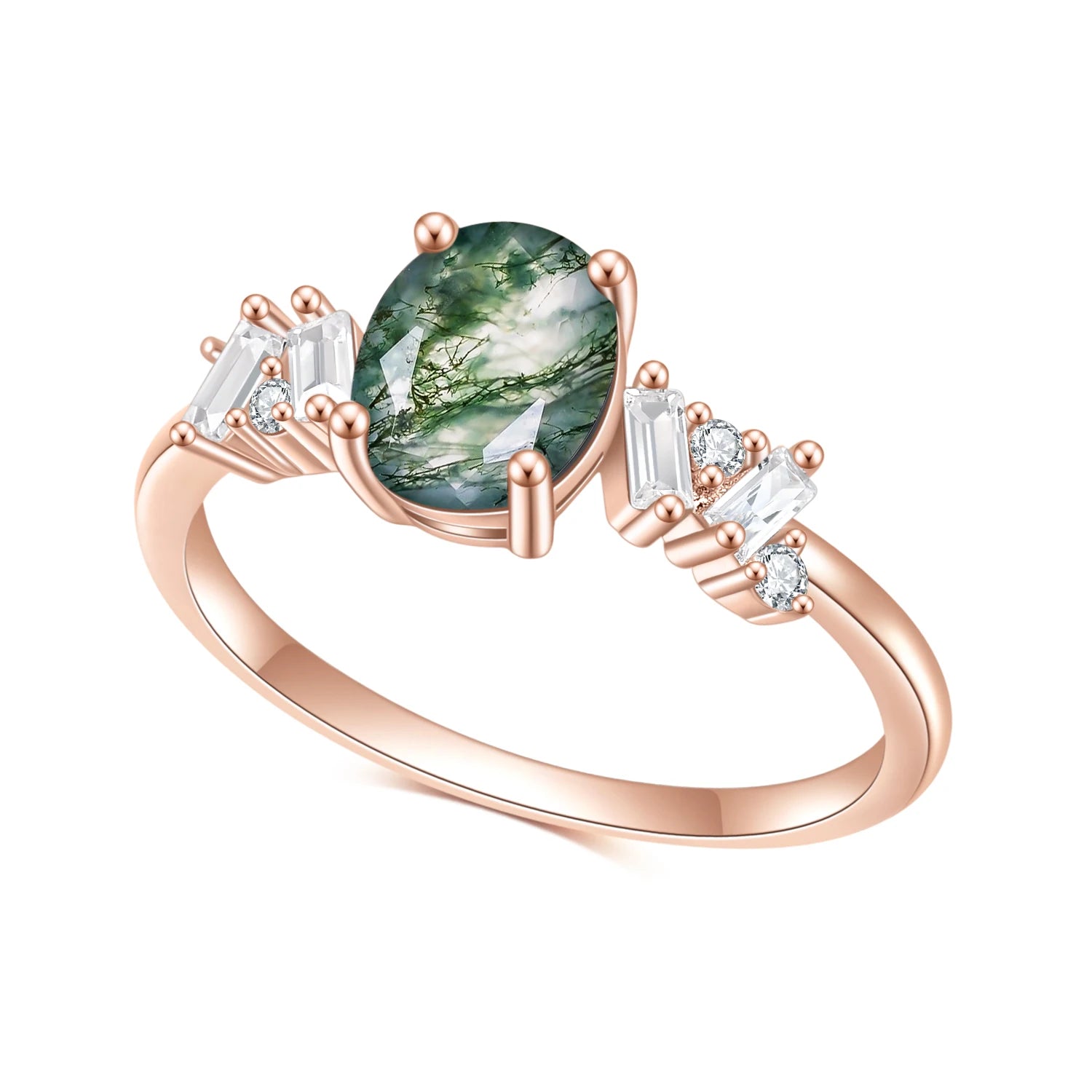 Oval Moss Agate Engagement Ring Set in Rose Gold - 925 Sterling Silver, with Emerald Cut CZ Side Stones, Moss Agate Promise Ring Set for Women