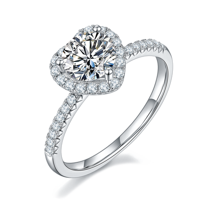 Heart Shaped Halo Ring, 1.0Ct D Color VVS1 Moissanite, 925 Sterling Silver