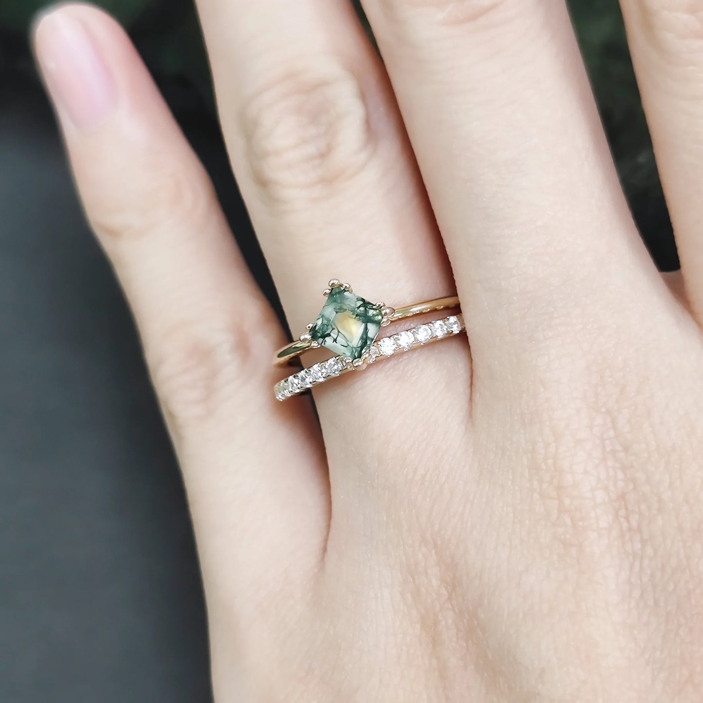 Cushion Cut Moss Agate Pave Engagement Ring Set in Gold - 925 Sterling Silver, with Round Cut CZ Side Stones, Moss Agate Promise Ring Set for Women