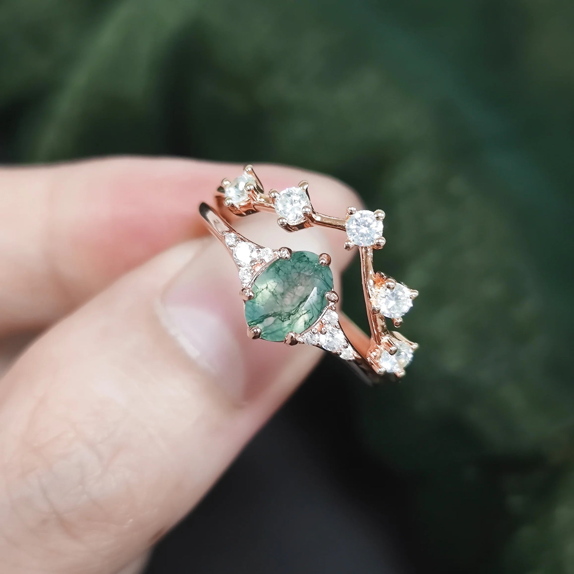 Moss Agate Cluster Engagement Ring Set