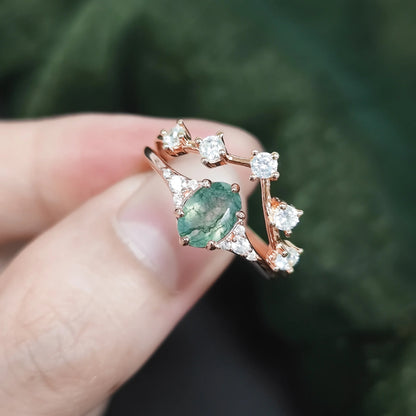 Moss Agate Cluster Engagement Ring Set