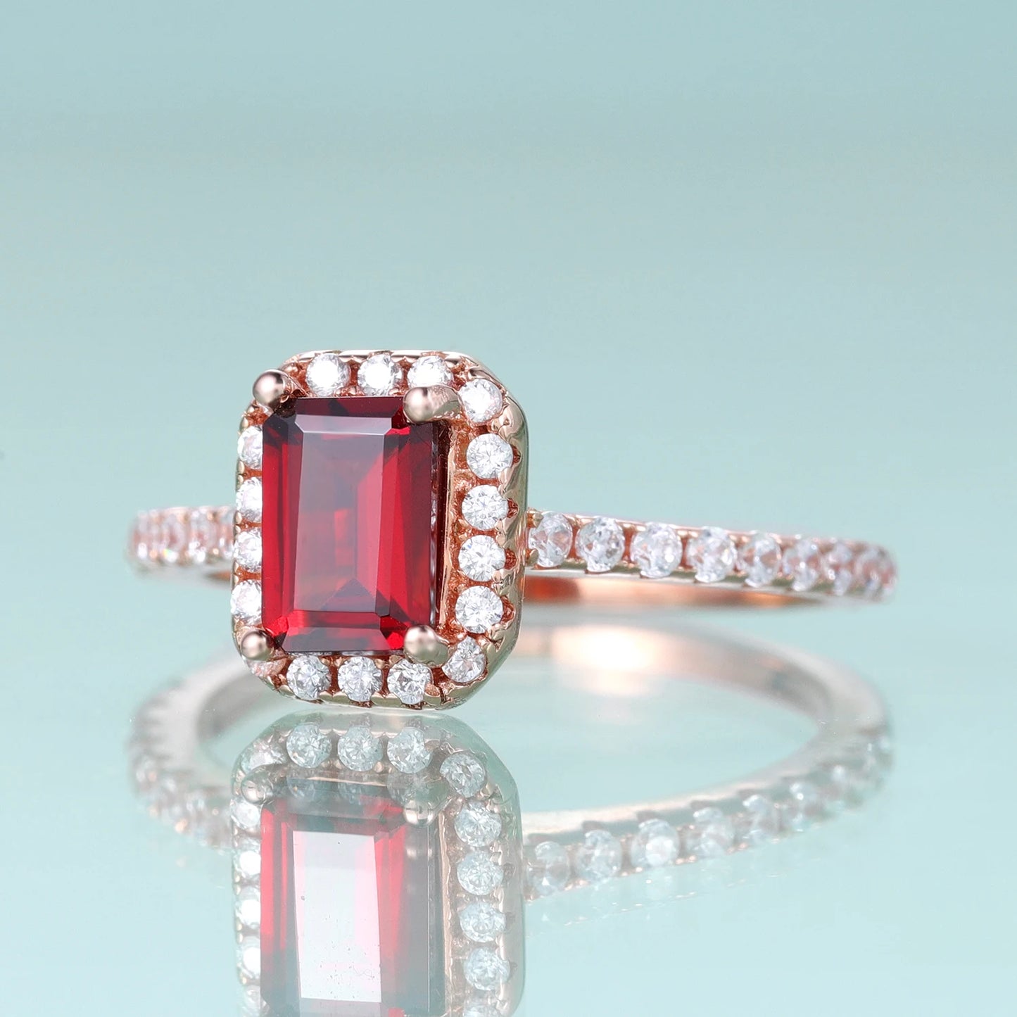 Choosen Jewelry: Emerald Cut Garnet Halo Engagement Ring Set in Sterling Silver