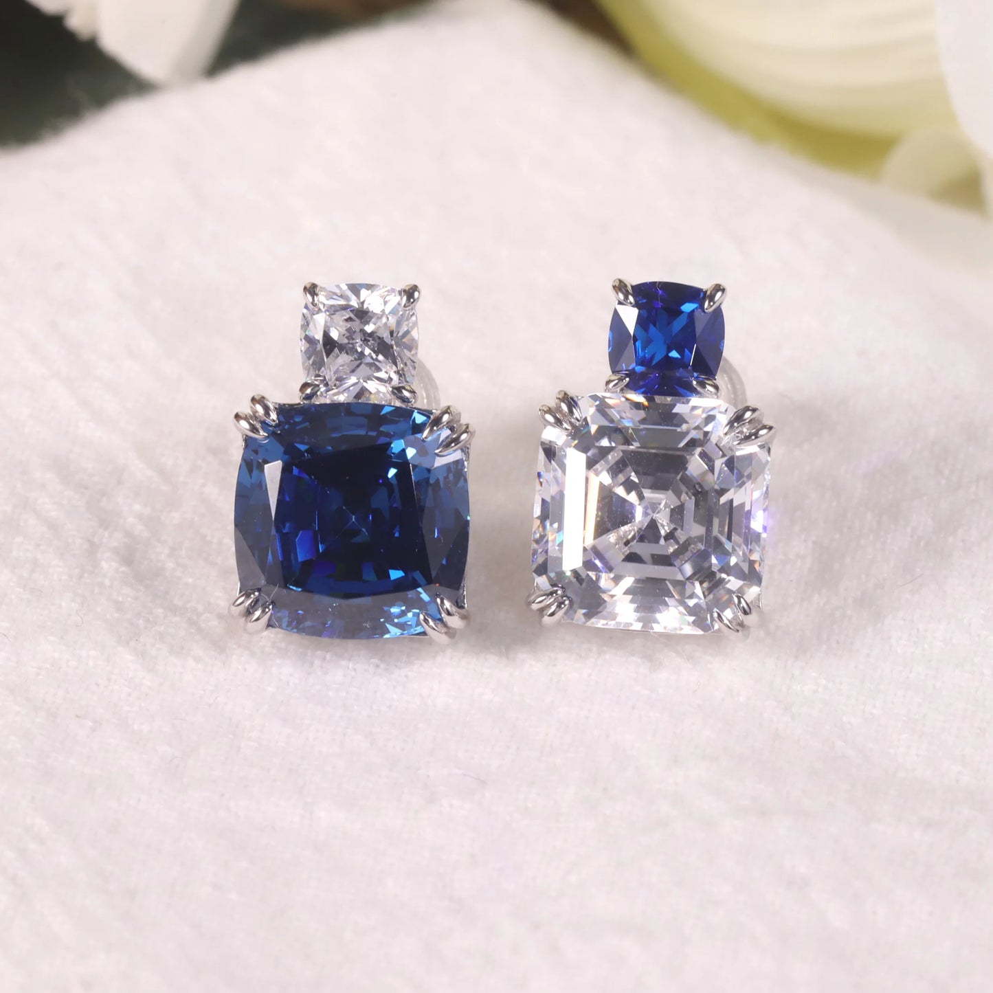 Sterling Silver Cushion Cut Blue CZ Diamond Stud Earrings - Choosen Jewelry