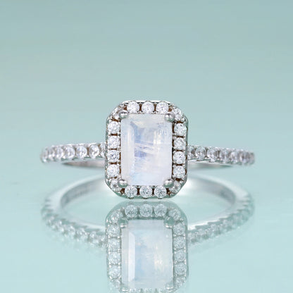 Elegant Emerald Cut Moonstone Engagement Ring - Choosen Jewelry 925 Sterling Silver