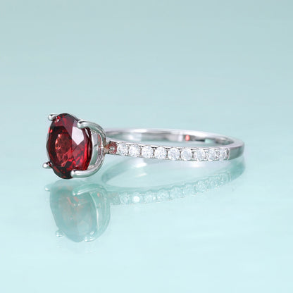 Choosen Jewelry: 8mm Red Garnet Engagement Ring with CZ Accents in 925 Sterling Silver