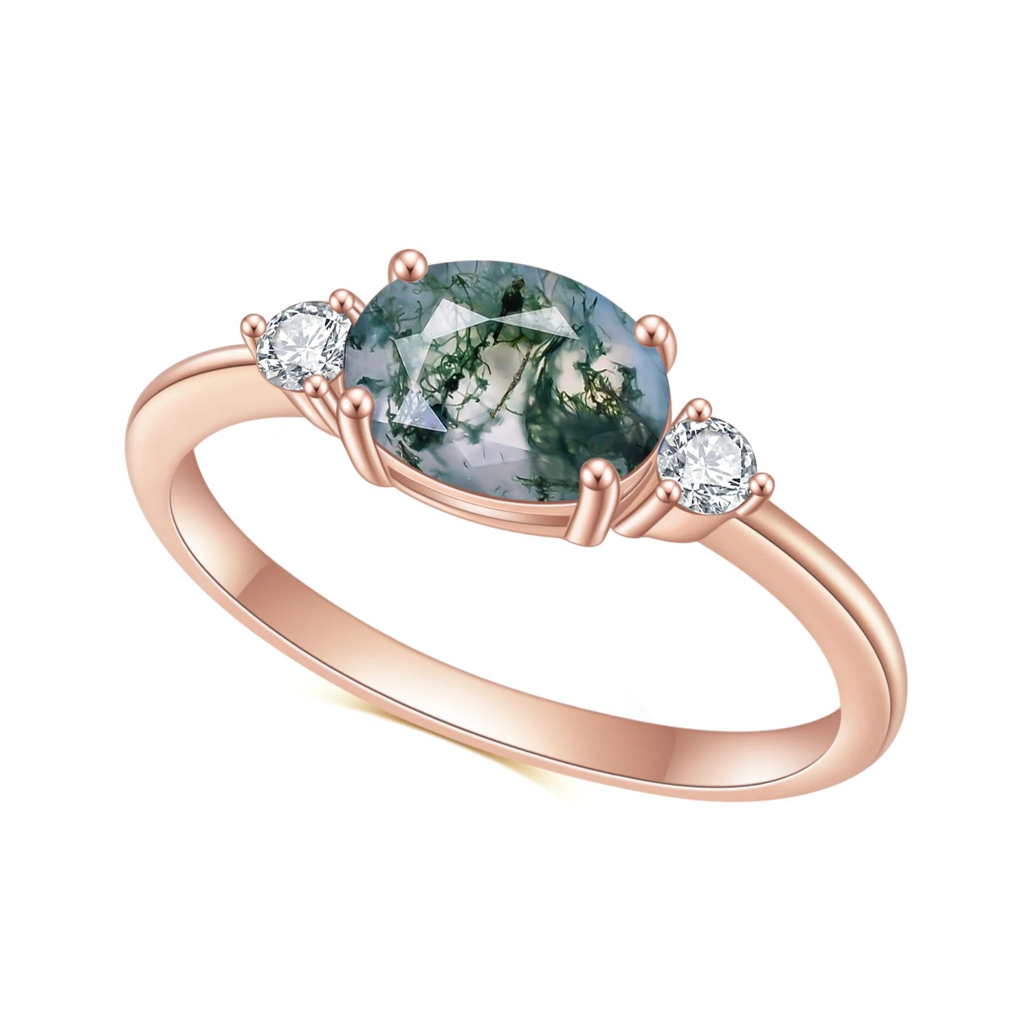 Oval Cut Moss Agate Pave Engagement Ring Set in Rose Gold - 925 Sterling Silver, with Round Cut CZ Side Stones, Moss Agate Promise Ring Set for Women