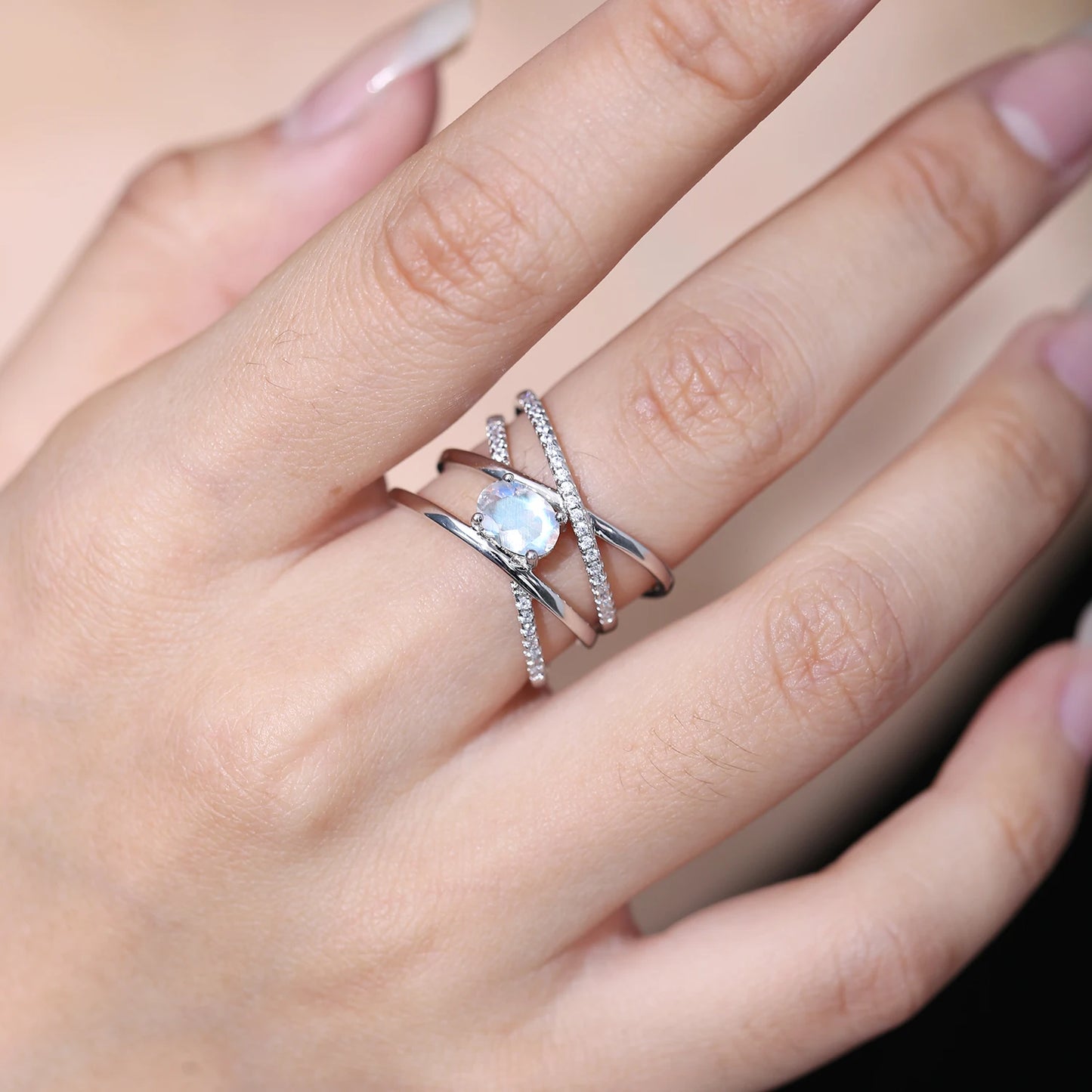 Elegant 925 Sterling Silver Criss-Cross Moonstone Ring – Milky Blue Gemstone, Perfect Gift for Her, Natural 5X7mm Oval Stone, Sparkling Design