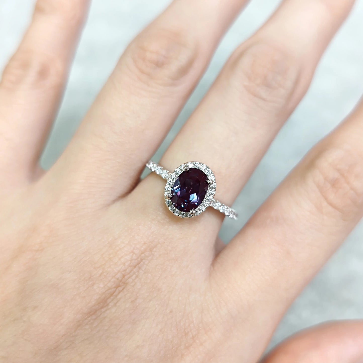 Oval Halo Lab Alexandrite Engagement Ring - 925 Sterling Silver - Choosen Jewelry