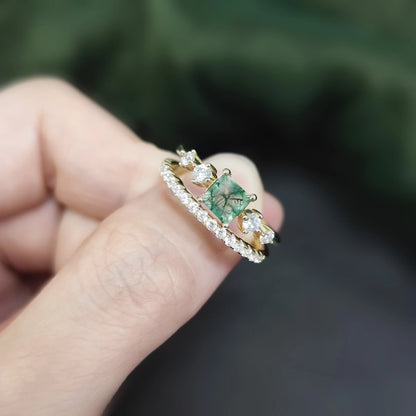 Square Shaped Moss Agate Pave Engagement Ring Set in Gold - 925 Sterling Silver, with Round Cut CZ Side Stones, Moss Agate Promise Ring Set for Women