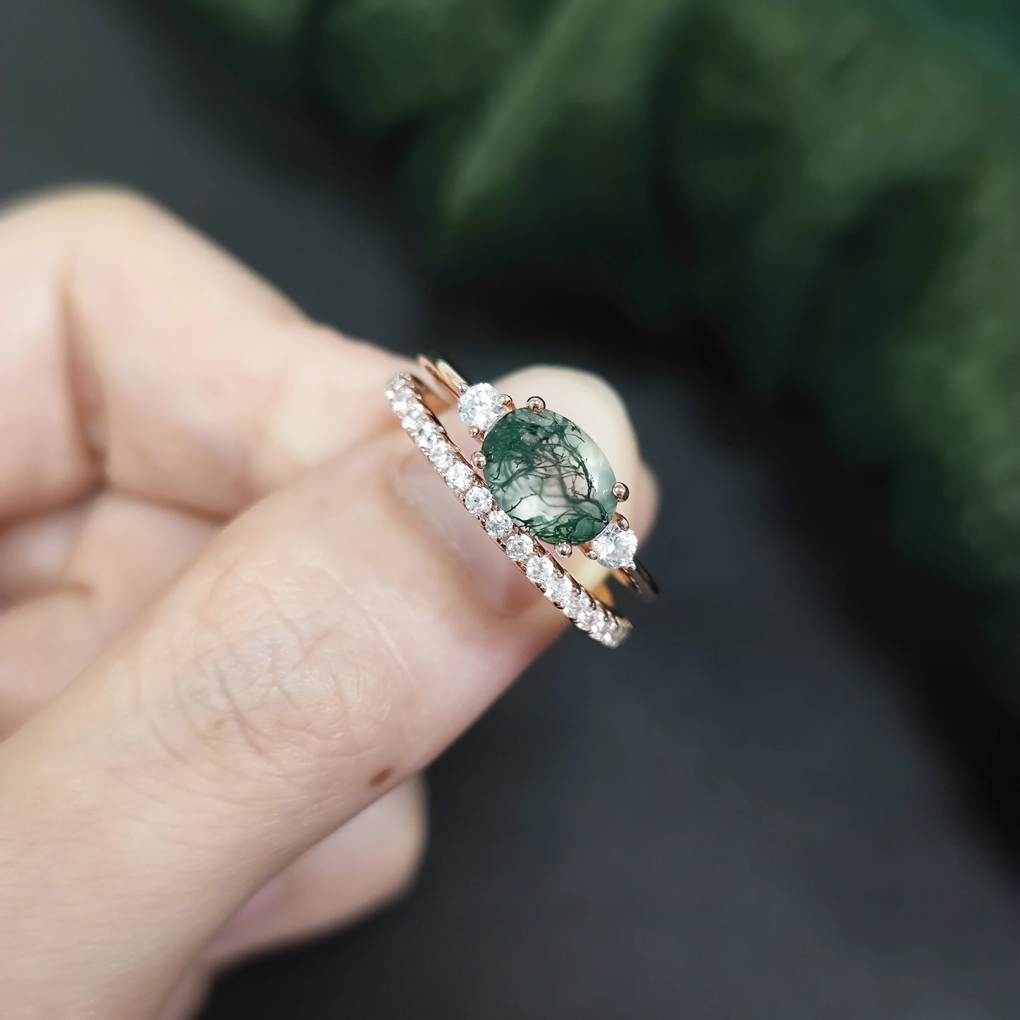 Oval Cut Moss Agate Pave Engagement Ring Set in Rose Gold - 925 Sterling Silver, with Round Cut CZ Side Stones, Moss Agate Promise Ring Set for Women