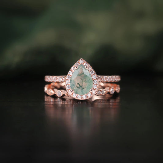 Pear Shaped Moss Agate Engagement Ring Set in Rose Gold - 925 Sterling Silver, with Round Cut CZ Side Stones, Moss Agate Promise Ring Set for Women