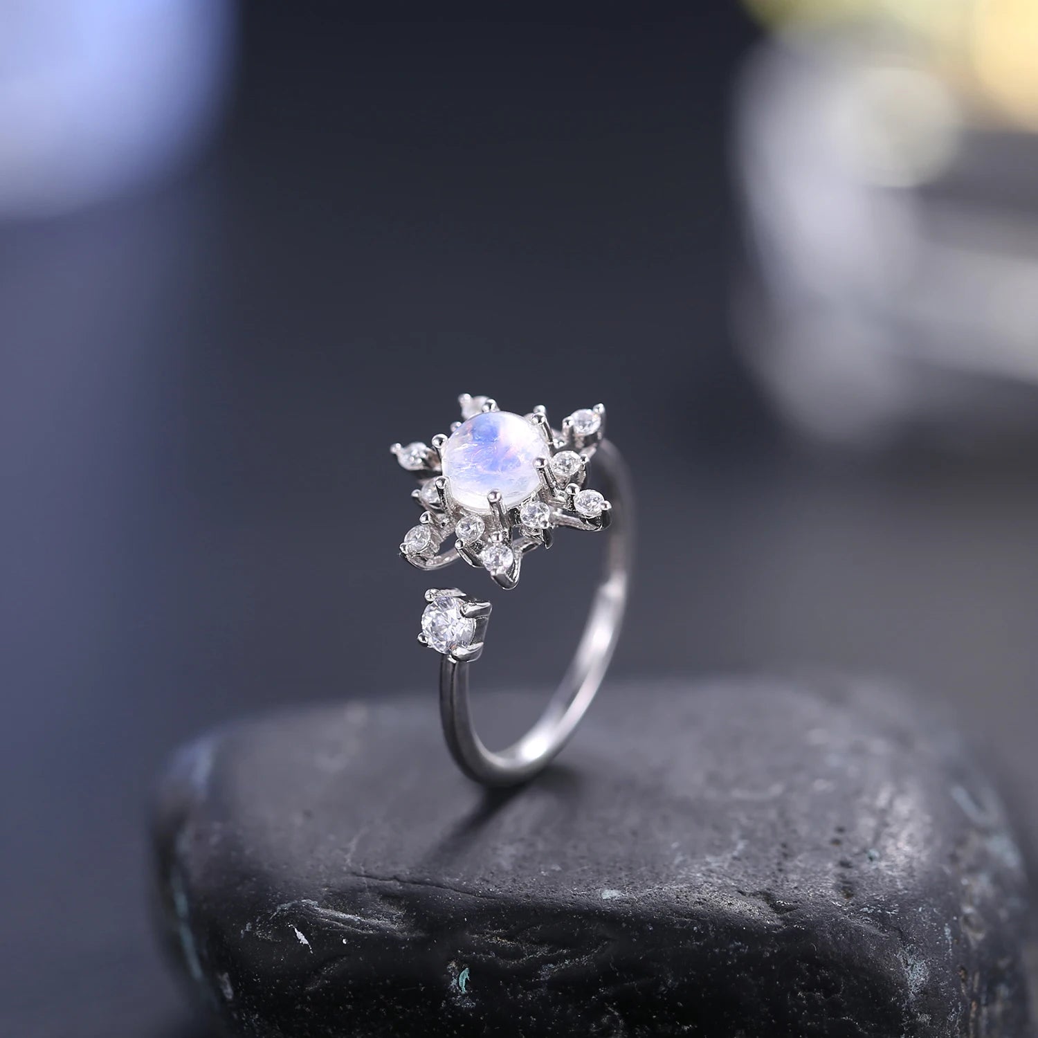 Choosen Jewelry: Snowflake Rainbow Moonstone Engagement Ring - 925 Sterling Silver, Adjustable, June Birthstone