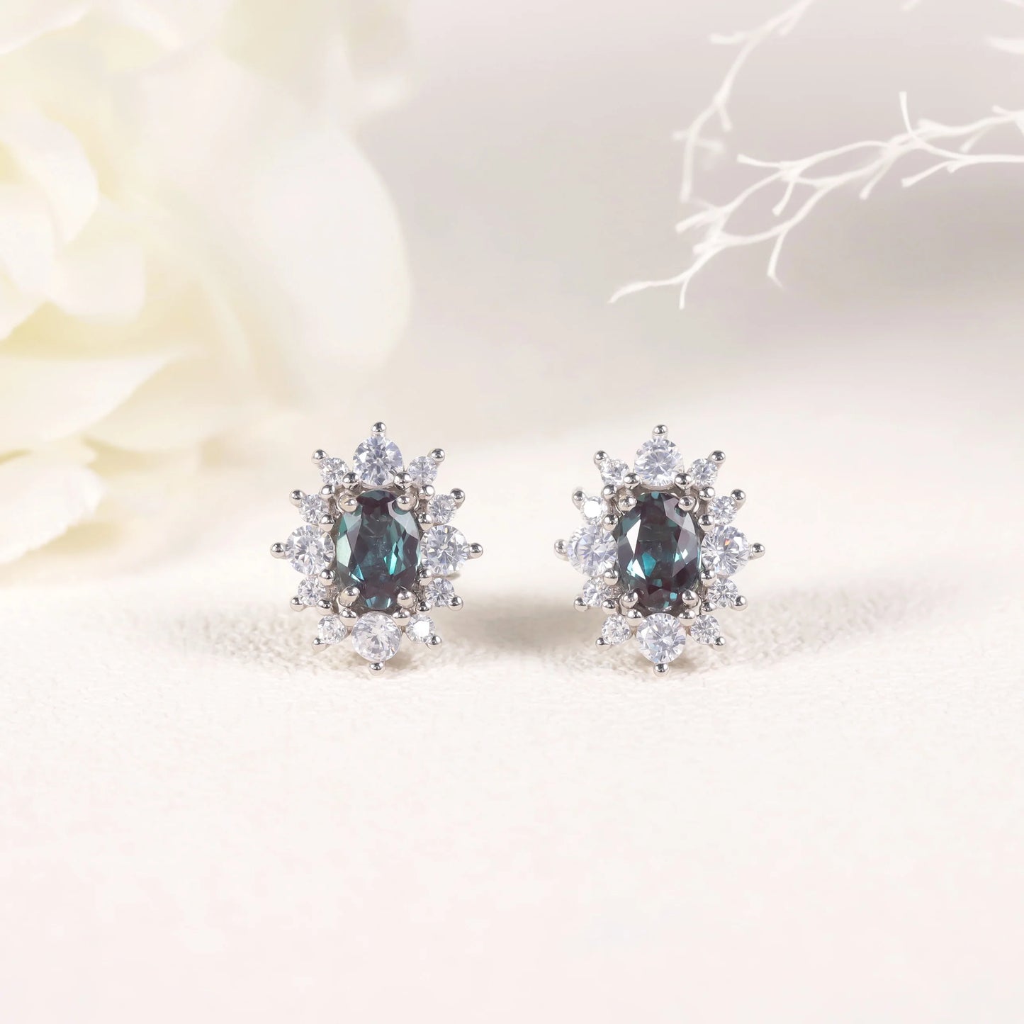 925 Sterling Silver Halo Stud Earrings with Lab Alexandrite - Choosen Jewelry