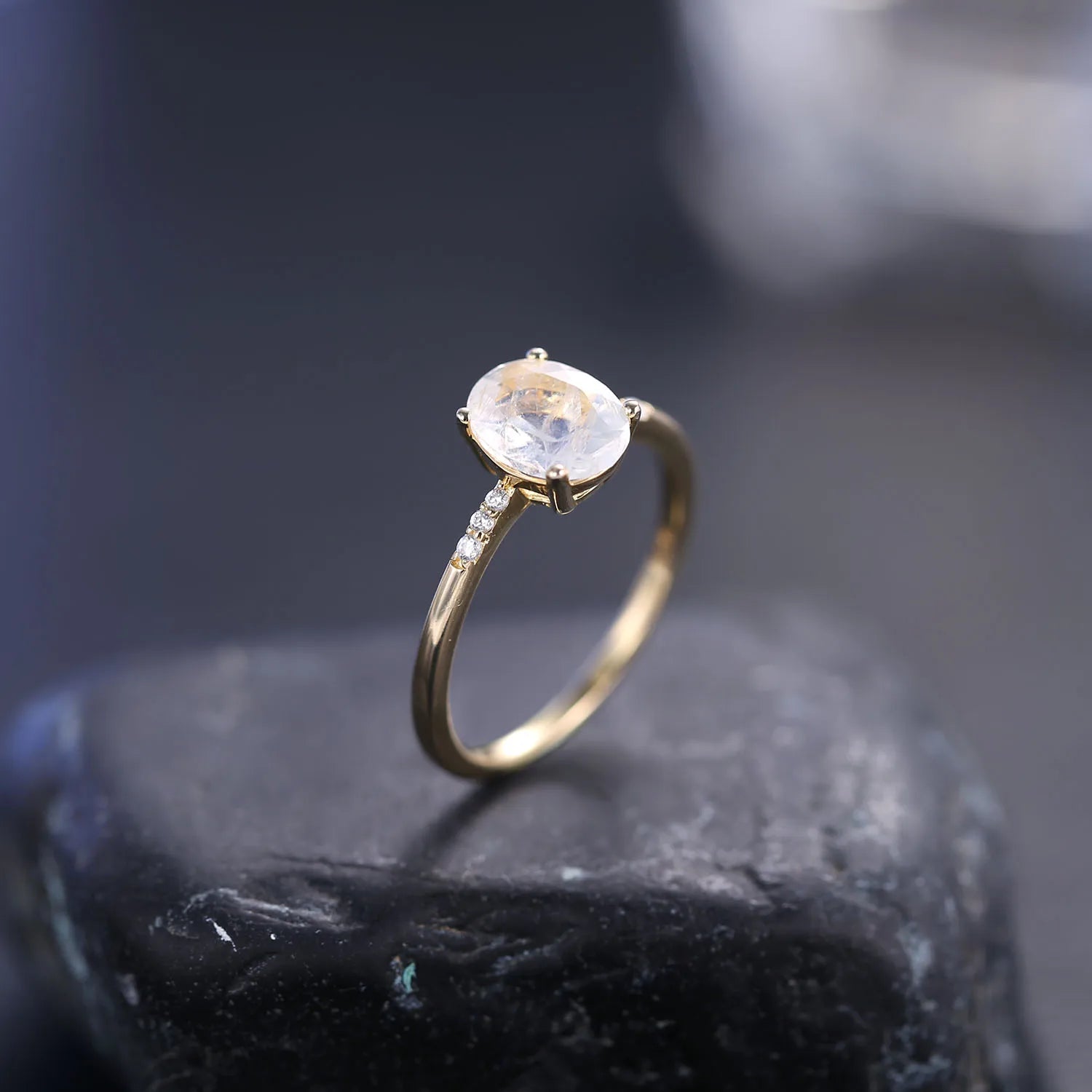 Elegant 18K Gold Filled Moonstone Engagement Ring with CZ in 925 Sterling Silver - Handmade Jewelry - Perfect Gift for Women