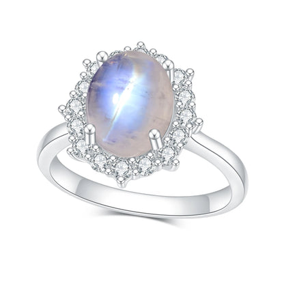 Stunning 3.24CT Oval Cut Moonstone Cluster Halo Engagement Ring with CZ in 925 Sterling Silver - Elegant Handmade Jewelry for Women