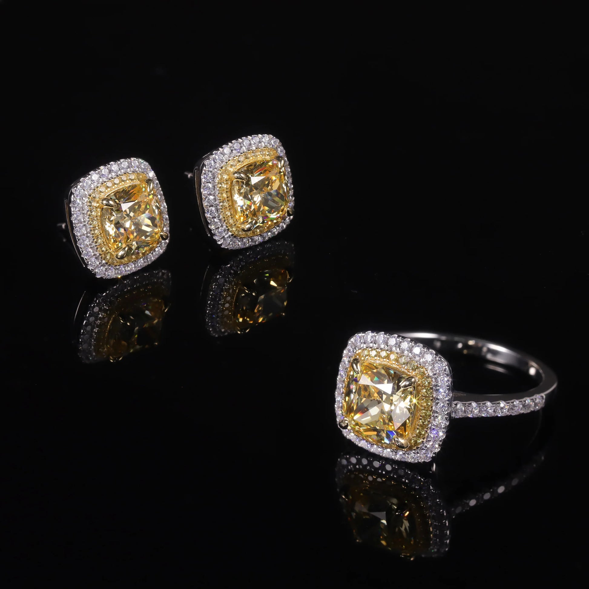 925 Sterling Silver Halo Stud Earrings with Yellow CZ - Choosen Jewelry Fine Unisex Engagement Earrings