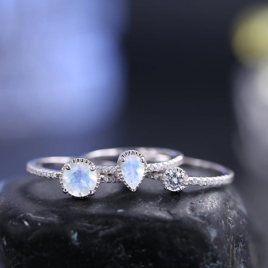 Art Deco Moonstone Engagement Ring Set: Choosen Jewelry 3-Piece Bridal Set in Sterling Silver