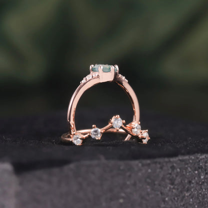 Oval Cut Moss Agate Cluster Engagement Ring Set in Rose Gold - 925 Sterling Silver, with Round Cut CZ Side Stones, Moss Agate Curved Promise Ring Set for Women