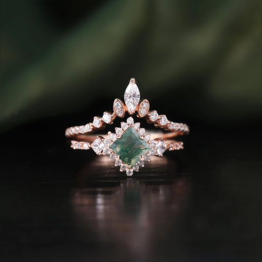 Princess Cut Moss Agate Halo Engagement Ring Set in Rose Gold - 925 Sterling Silver, with Marquise and Round Cut CZ Side Stones, Moss Agate Promise Ring Set for Women