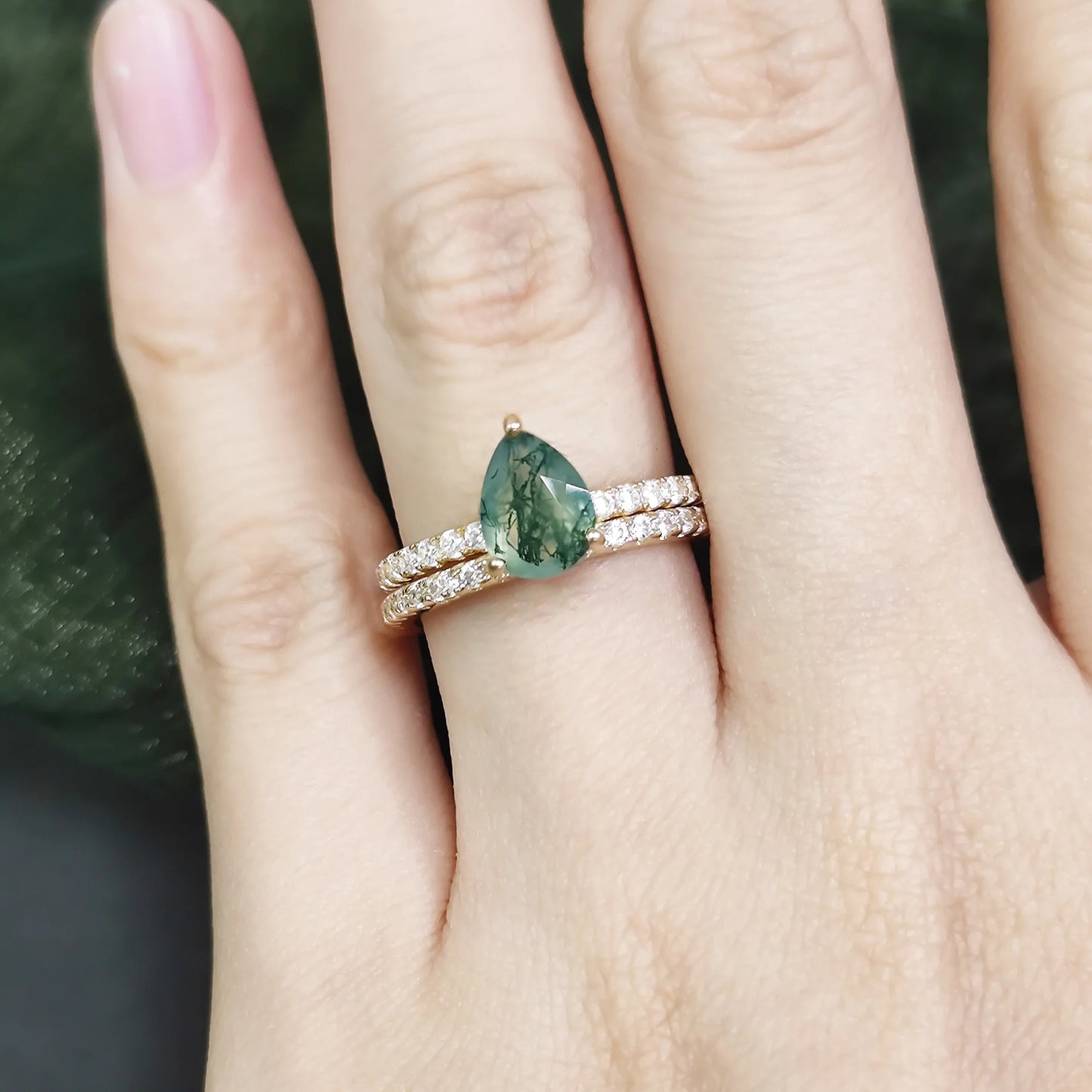 Pear Cut Moss Agate Engagement Ring Set in Gold - 925 Sterling Silver, with Round Cut CZ Side Stones, Moss Agate Promise Ring Set for Women