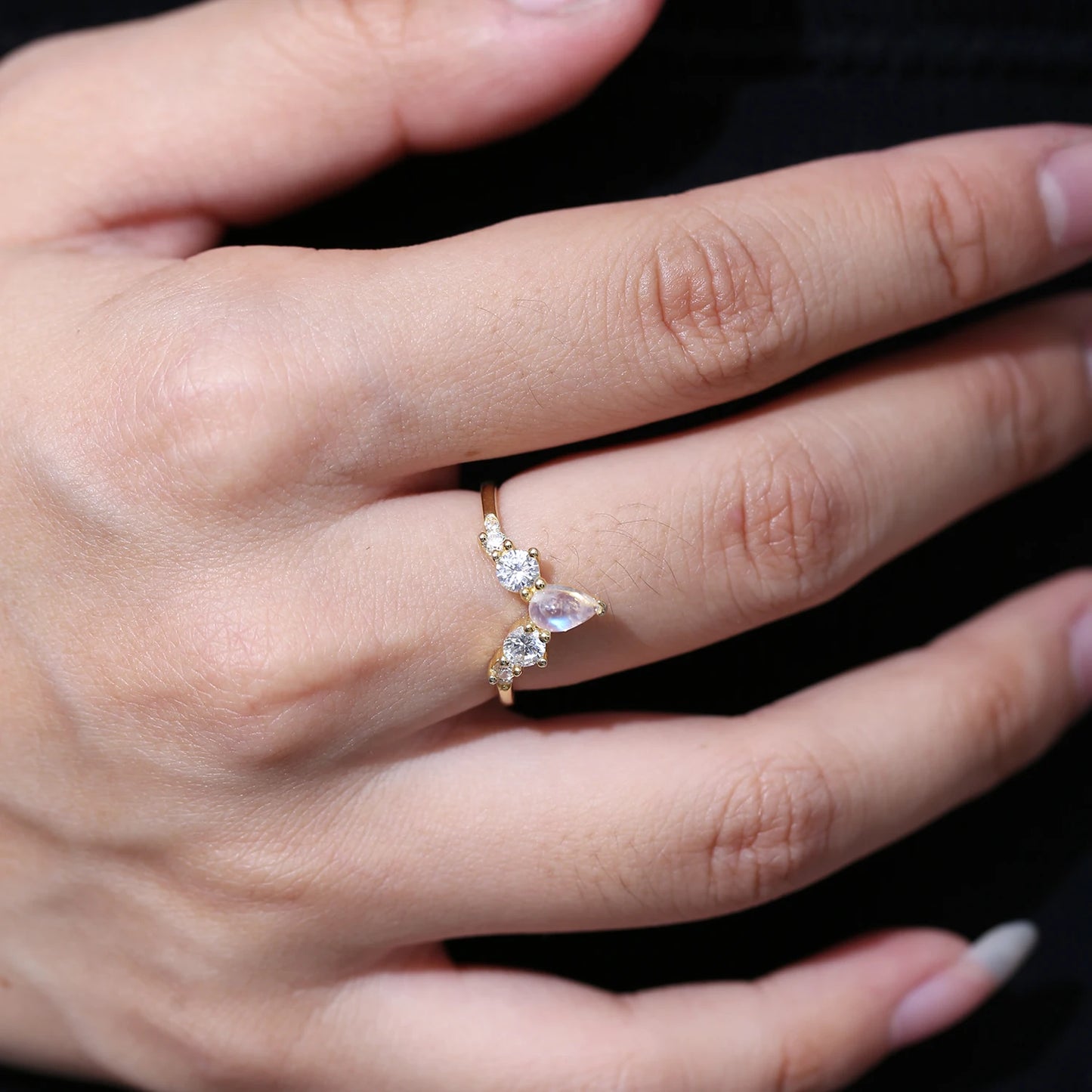 June Birthstone Moonstone Sterling Silver V-Shape Wedding Ring | Choosen Jewelry