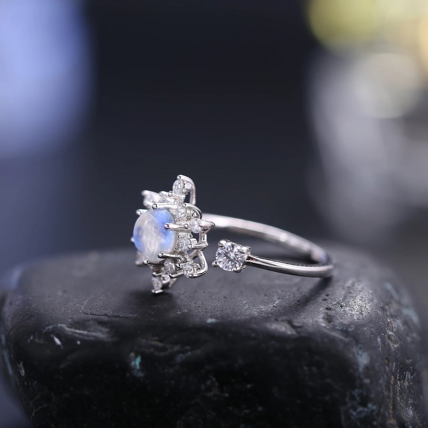 Choosen Jewelry: Snowflake Rainbow Moonstone Engagement Ring - 925 Sterling Silver, Adjustable, June Birthstone