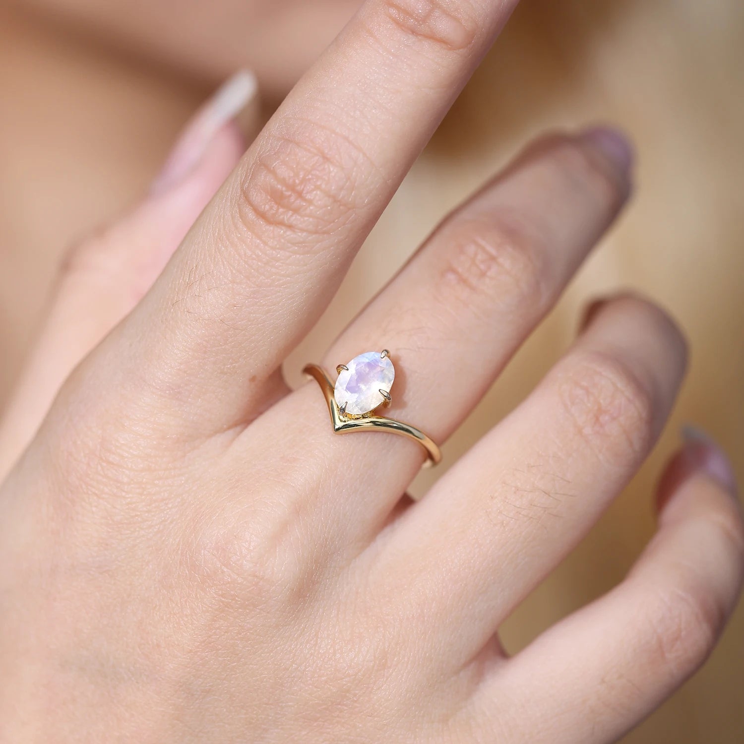 Moonstone Engagement Ring: 925 Sterling Silver Curved Band by Choosen Jewelry