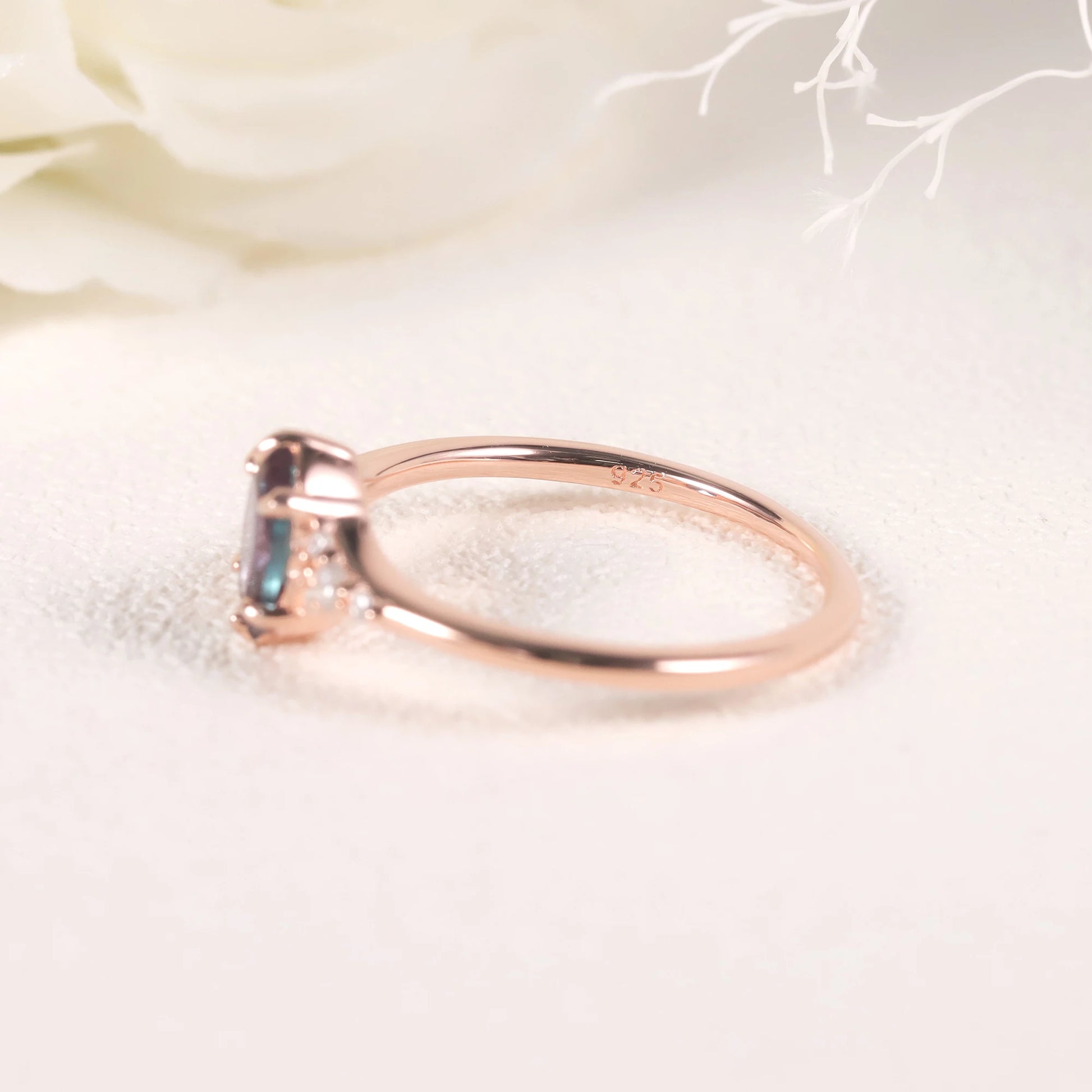 Choosen Jewelry: 925 Sterling Silver Oval Alexandrite Engagement Ring with Rose Gold Plating