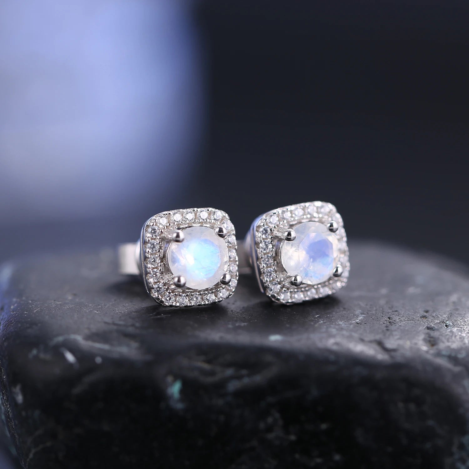 Dainty 5mm Moonstone Stud Earrings - June Birthstone - 925 Sterling Silver - Choosen Jewelry