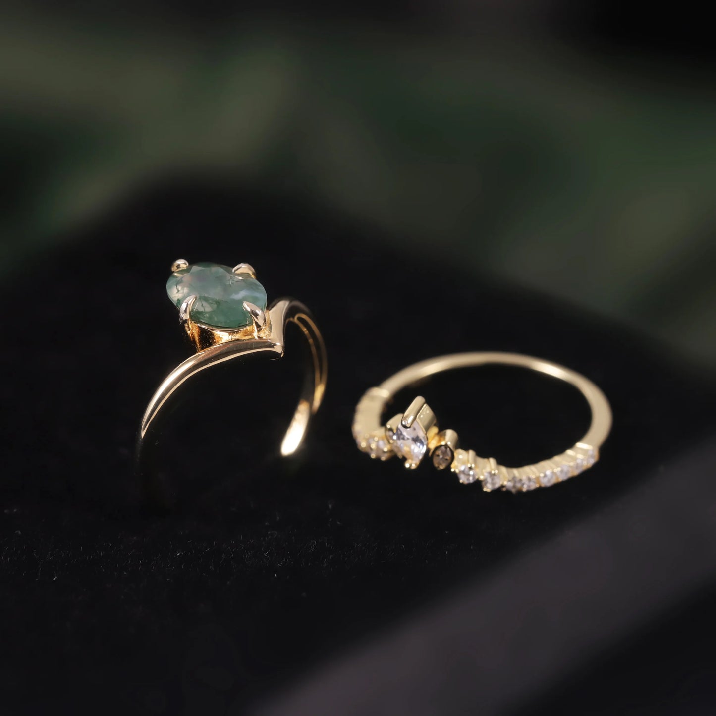 Oval Cut Moss Agate Pave Engagement Ring Set in Gold - 925 Sterling Silver, with Marquise and Round Cut CZ Side Stones, Moss Agate Curved Promise Ring Set for Women