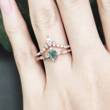 Round Cut Moss Agate Engagement Ring Set in Rose Gold - 925 Sterling Silver, with Marquise Cut CZ Side Stones, Moss Agate Promise Ring Set for Women