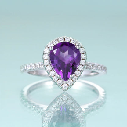 Pear Amethyst Halo Ring 925 Sterling Silver - Choosen Jewelry Engagement Promise Ring