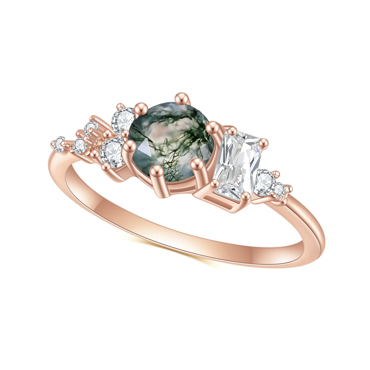 Round Cut Moss Agate Pave Engagement Ring Set in Rose Gold - 925 Sterling Silver, with Emerald and Round Cut CZ Side Stones, Moss Agate Promise Ring Set for Women