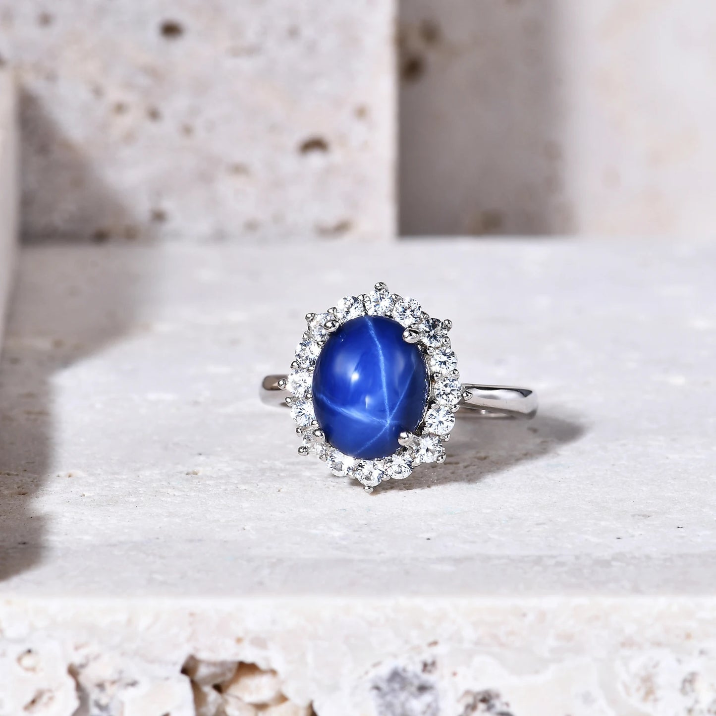 Choosen Jewelry: Lab Blue Lindy Star Sapphire Halo Cocktail Ring in Sterling Silver