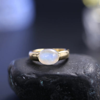 June Birthstone Rainbow Moonstone Promise Ring - 925 Sterling Silver, 18K Gold Plated - Choosen Jewelry